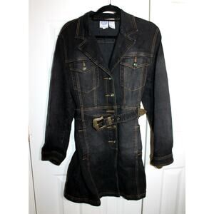 Diane Gilman DG2 Black Denim Trench Coat w/ Western Buttons sz M